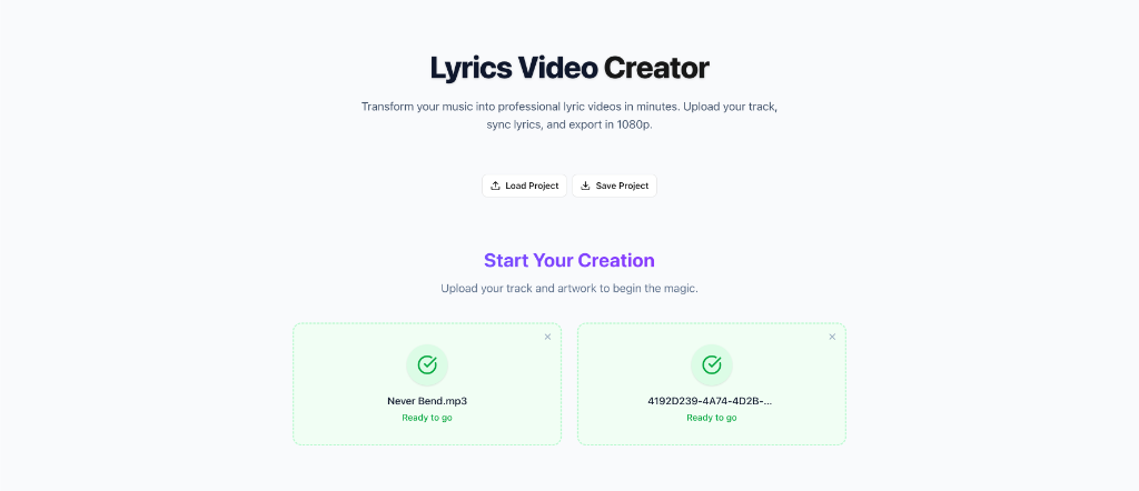 Página de inicio de Lyrics Video Creator