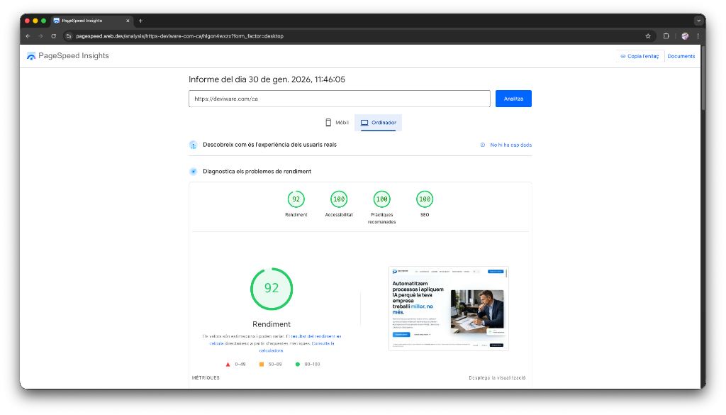Resultats d'escriptori a PageSpeed Insights per a Deviware: 100 en Accessibilitat, Pràctiques i SEO, 92 en Rendiment