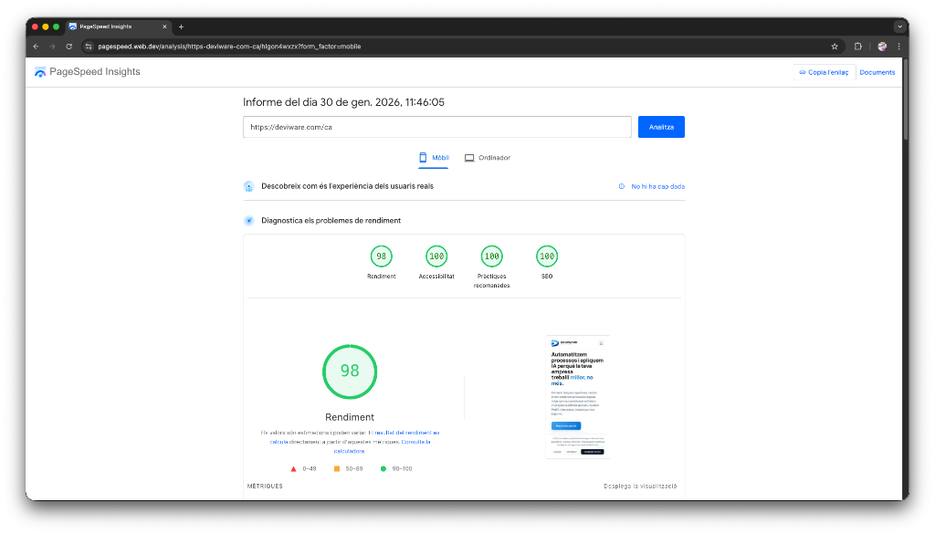 Resultats mòbils a PageSpeed Insights per a Deviware: 98 en Rendiment